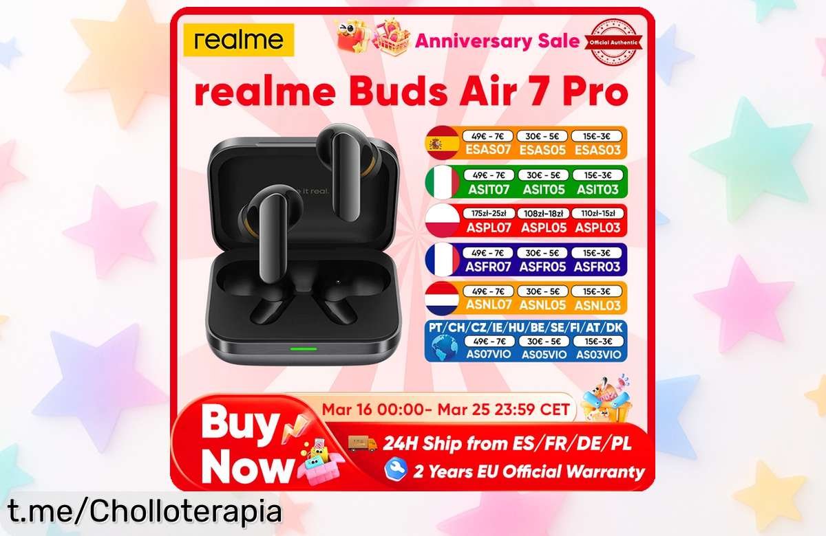 Increíbles auriculares Bluetooth Buds Air 7 Pro de Realme a un precio de risa: cancelación 53dB y 48 horas de batería. ¡No te los pierdas, se acaban volando!