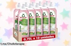 Lavavajillas a mano Frosch pack 10 botellas de 750 ml, súper desengrasante y con aroma a frambuesa. Precioso chollo que hará brillar tu vajilla como nunca. ¡No lo sueltes!