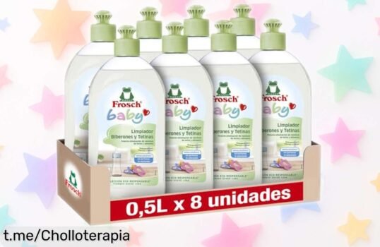 Limpiador de biberones y tetinas Frosch Baby, pack de 8 botellas a un precio loco que dejará todo impecable sin irritar la piel delicada de tu bebé. ¡No te lo pierdas!