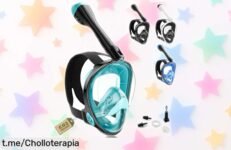 Máscara de snorkel completa para adultos con visión clarísima y soporte para cámara. ¡Aprovecha este ofertón antes de que vuela, el mar te espera!