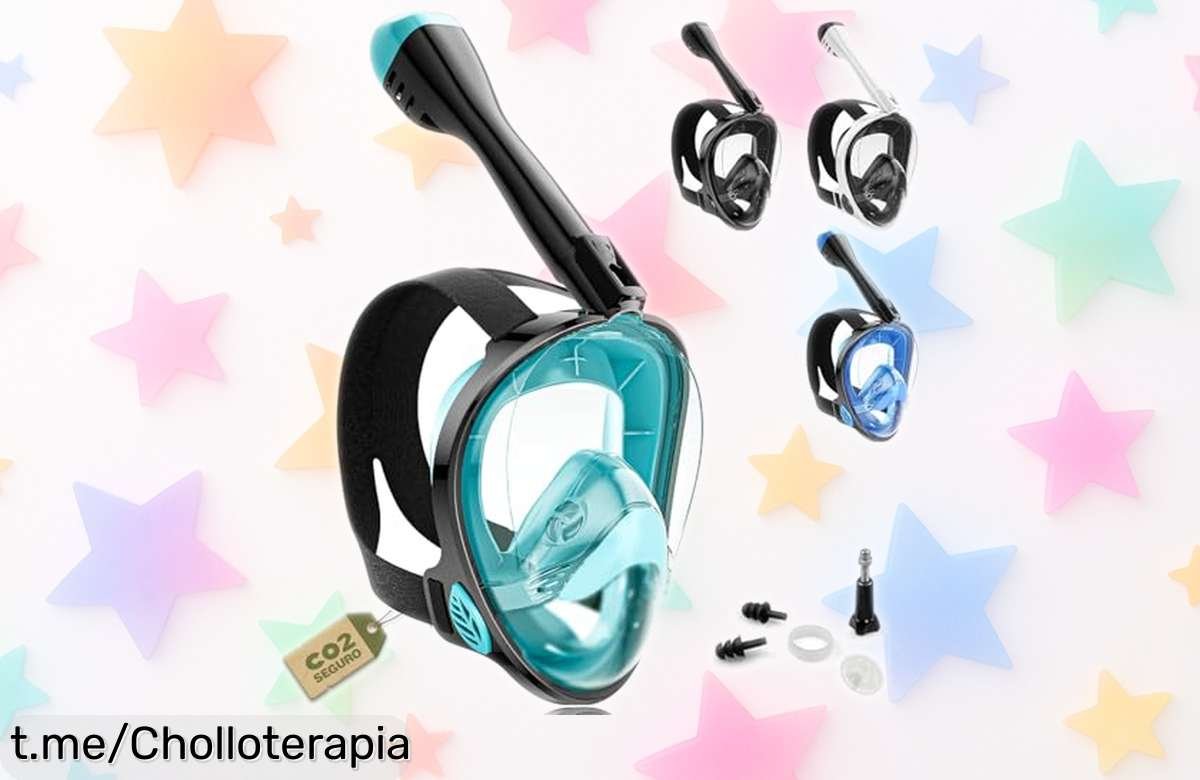 Máscara de snorkel completa para adultos con visión clarísima y soporte para cámara. ¡Aprovecha este ofertón antes de que vuela, el mar te espera!