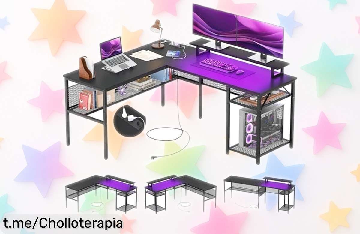 Mesa en L para escritorio de esquina iSunirm con enchufes y USB, rebajada a un precio increíble; ¡no te quedes sin la tuya antes que se acaben!