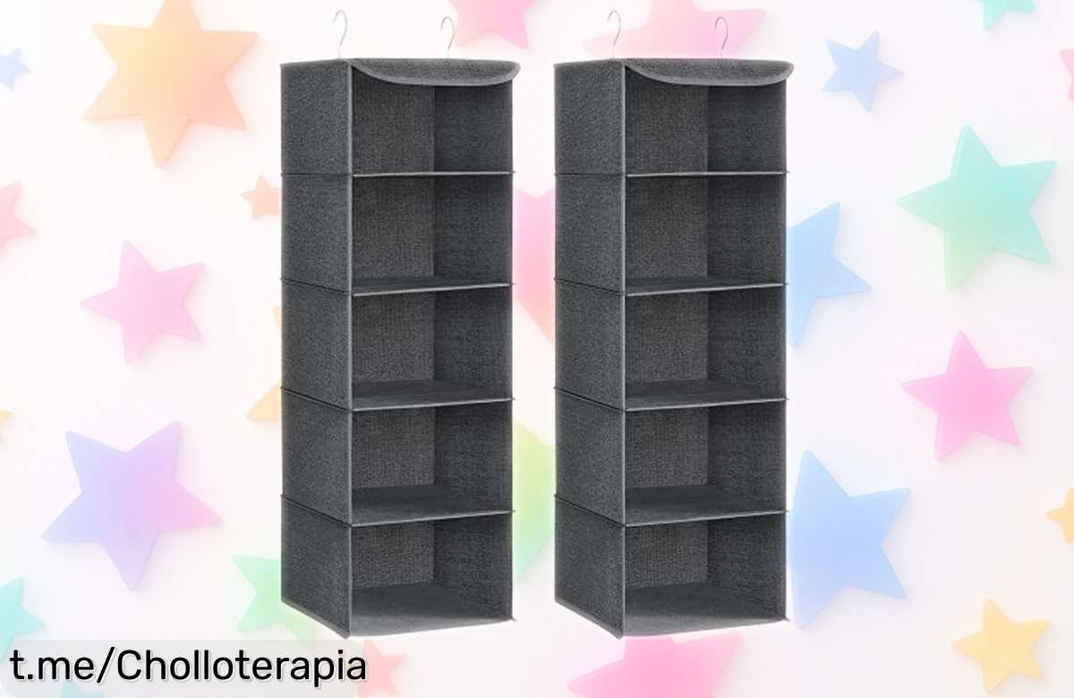 Organizador de armario plegable SONGMICS: chollo de 2 unidades con ganchos metálicos y refuerzo de bambú, ideal para aprovechar el espacio sin preocupaciones. ¡No te quedes sin el tuyo!