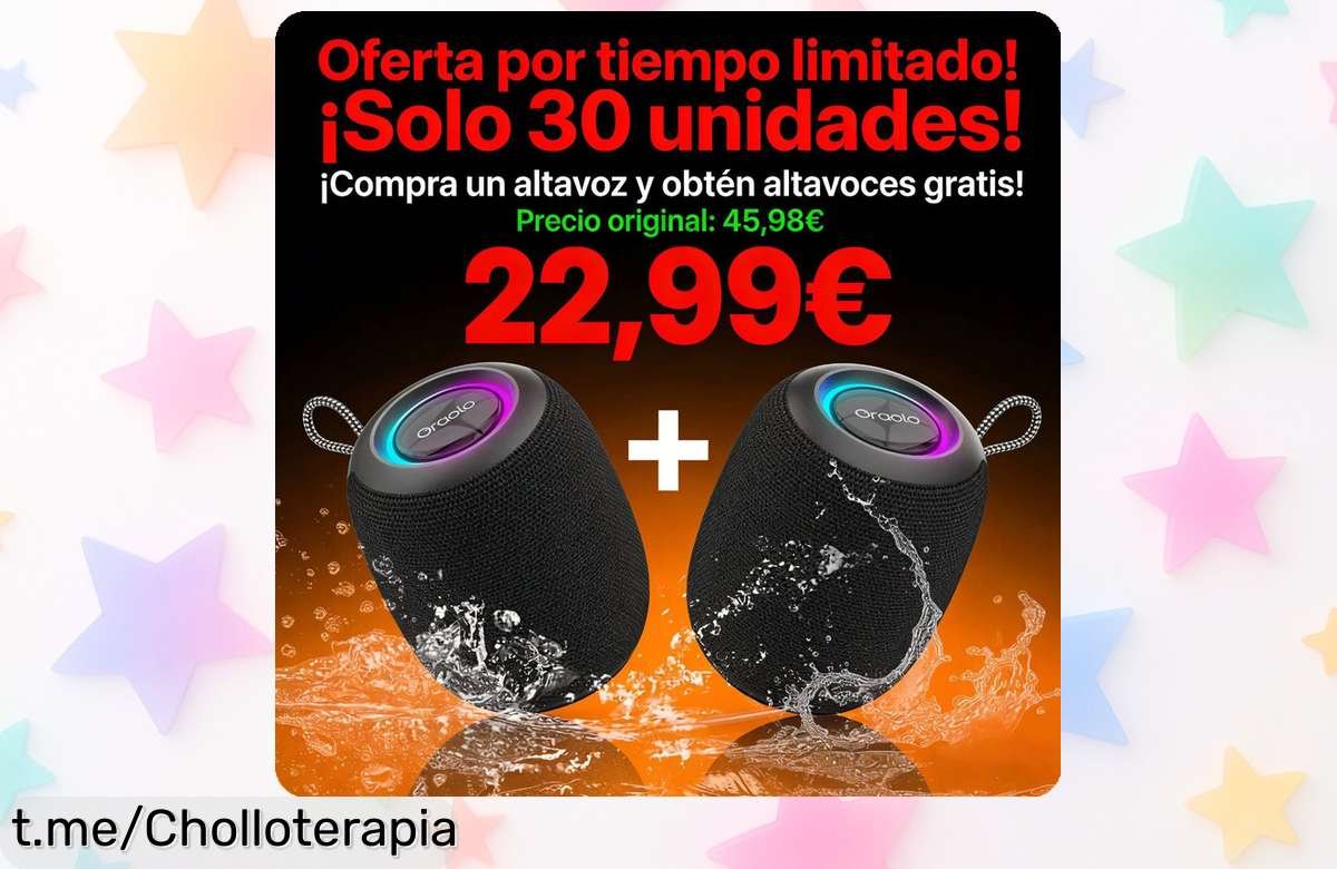 Pack 2 altavoces Bluetooth Oraolo con luces RGB y resistencia al agua, ¡lleva la fiesta contigo por el precio de uno! No dejes que se te escape esta oferta increíble.
