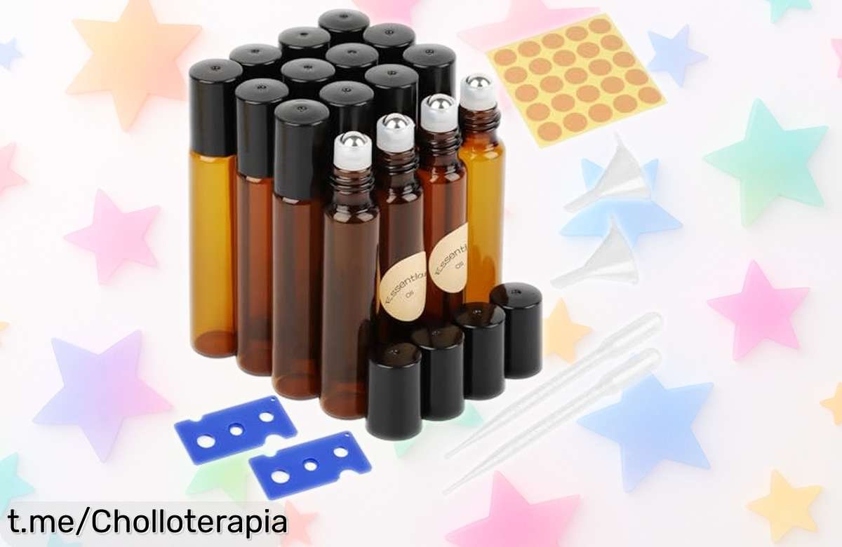 Pack de 16 botellas roll on de cristal con bola de acero inoxidable, perfectas para aceites esenciales y perfumes: ¡ofertón que se agota rápido! Hazte ya con el tuyo y no te quedes sin.