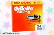 Pack de 24 recambios Gillette Fusion5 a precio tirado, con bandas que suavizan el afeitado y te hacen lucir genial. ¡No te quedes sin él, vuela antes que se agote!