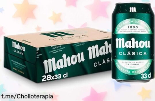 Pack de 28 latas de cerveza Mahou Clásica a precio rebajado, ideal para disfrutar entre amigos. ¡No te quedes sin el tuyo y celebra cada momento!