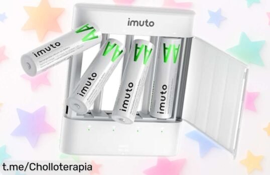 Pack de 4 pilas AA recargables imuto con cargador rápido a un precio que no cuadran; ideales para tus dispositivos ¡No te quedes sin ellas, son la solución que necesitas ya!
