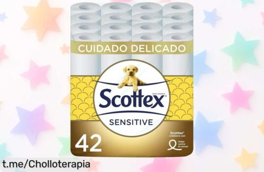 Pack de 42 rollos de papel higiénico Sensitive Scottex: ¡ofertón a precio de risa para mimar tu piel y llenar tu hogar con suavidad! No te lo pierdas, queda muy poco tiempo.