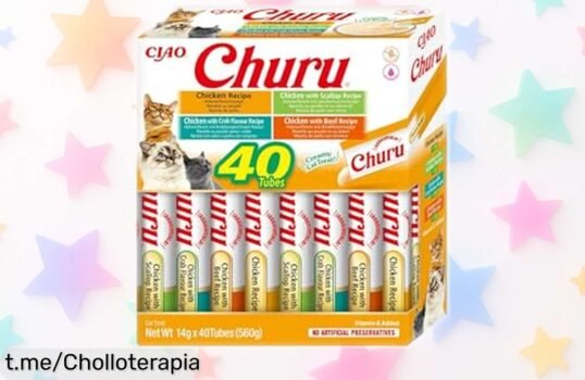 Pack gigante de snacks para gatos INABA Churu: 40 tubos de puré cremoso sabor pollo en un ofertón que a tus peluditos les encantará y se acabará volando. ¡No esperes más!