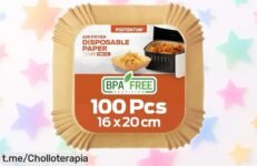 Papel para freidora de aire Portentum: pack de 100 hojas resistentes a un precio loco que no se va a repetir, ¡cocina sin arrugas y disfruta al máximo cada bocado!
