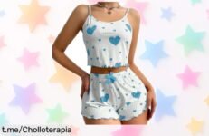 Pijama de mujer con estampado de corazones a precio loco, tirantes ajustables y cintura elástica; solo quedan unas pocas unidades ¡no te quedes sin el tuyo y luce fantástica!
