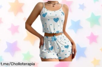 Pijama de mujer con estampado de corazones a precio loco, tirantes ajustables y cintura elástica; solo quedan unas pocas unidades ¡no te quedes sin el tuyo y luce fantástica!