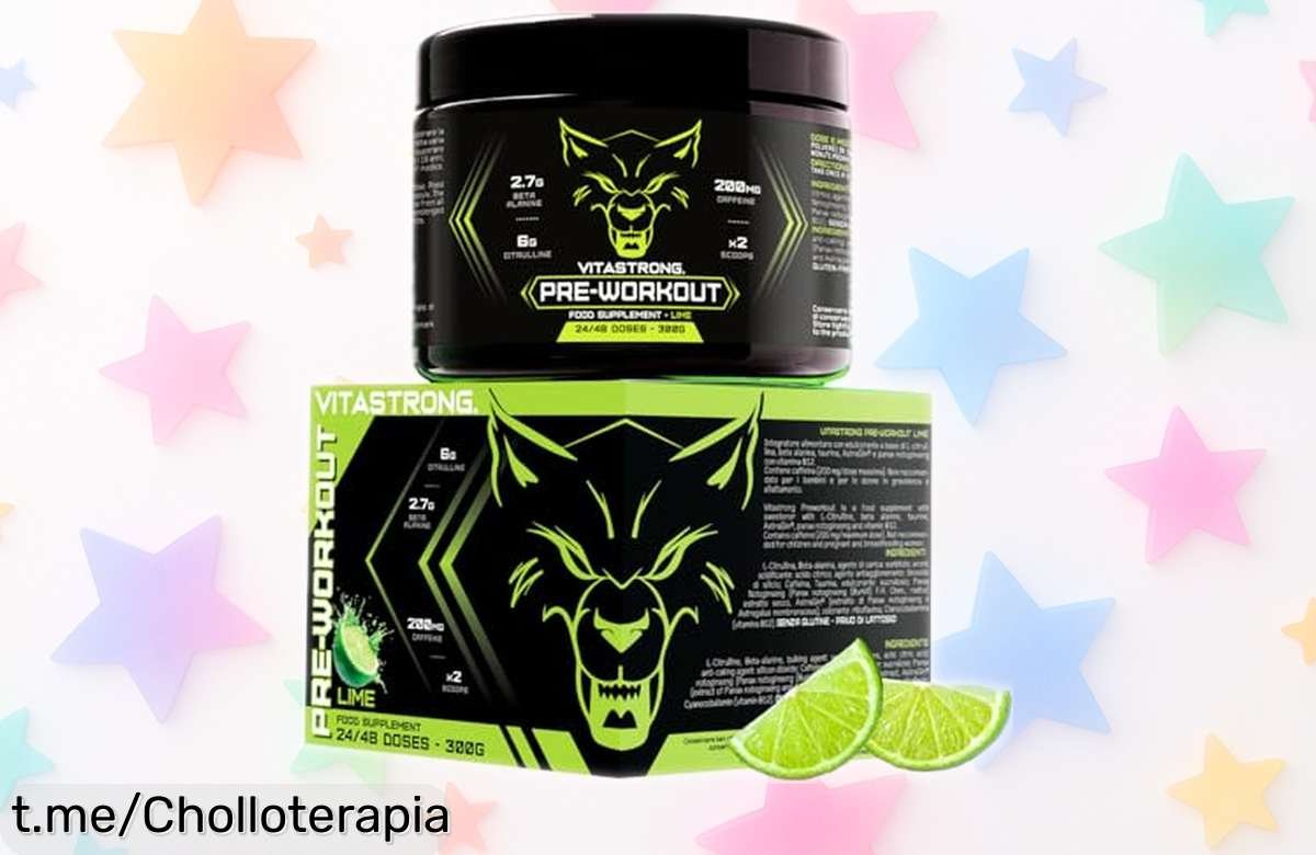 Potente preentreno vegano Vitastrong con cafeína y taurina en sabor lima, precio rebajado ¡las unidades vuelan! Energía y concentración que necesitas, no te quedes sin el tuyo.