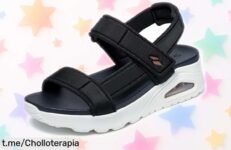 Sandalias Skechers Cali en Duraleather negro a precio de risa, ¡no te las puedes perder si quieres lucir con estilo sin gastar! Muévete con libertad y disfruta el momento.