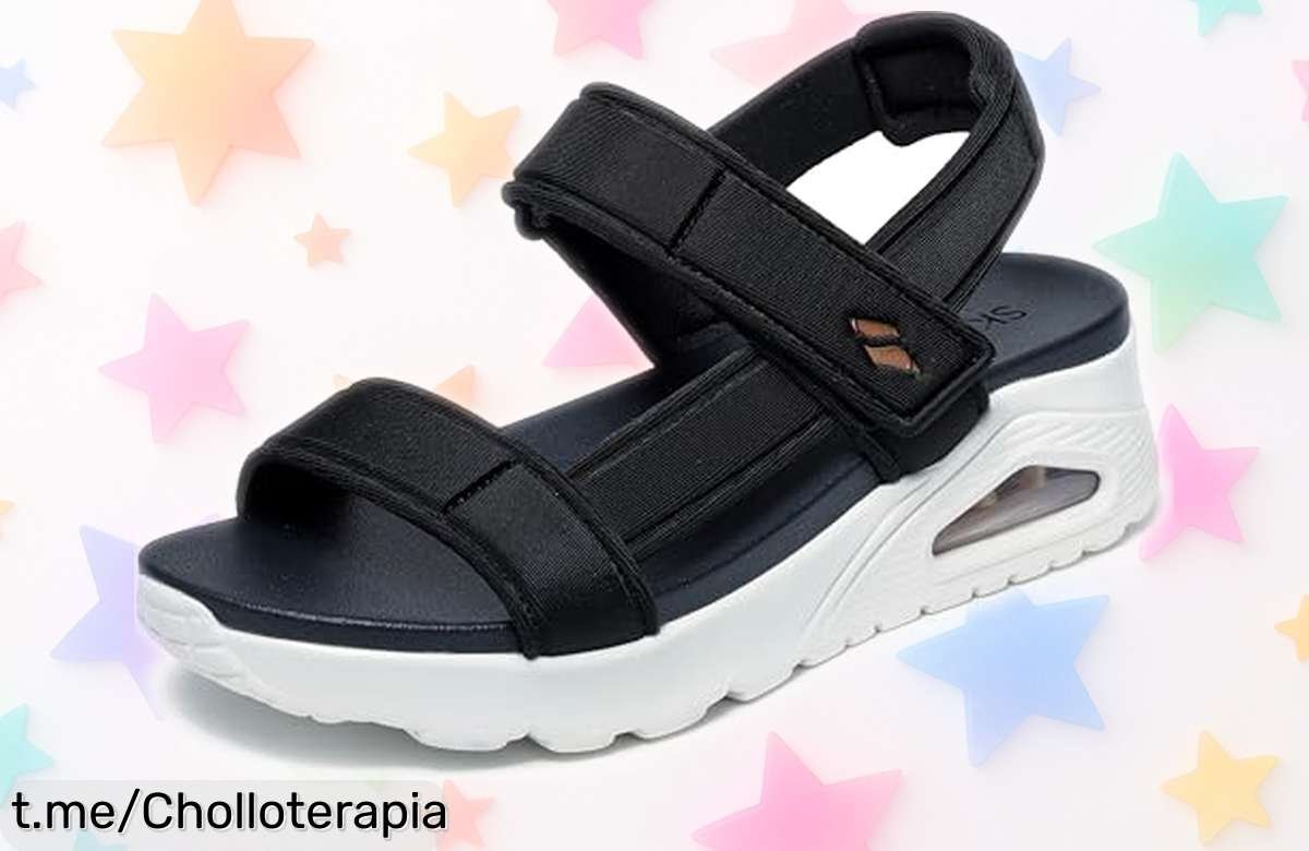 Sandalias Skechers Cali en Duraleather negro a precio de risa, ¡no te las puedes perder si quieres lucir con estilo sin gastar! Muévete con libertad y disfruta el momento.