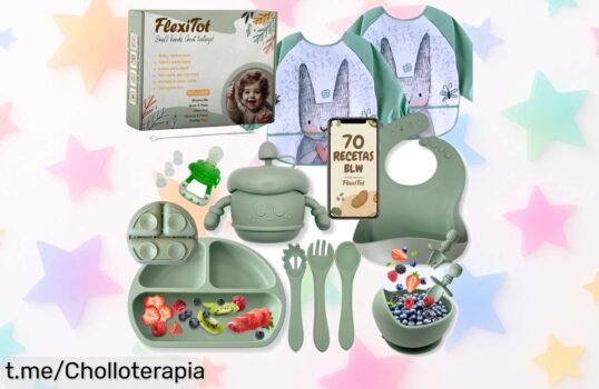 Set bebé completo de vajilla de silicona y 2 baberos: un kit práctico para comer sin líos a un precio de escándalo. ¡No te quedes sin él, se agota volando!
