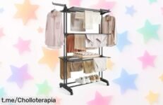 Tendedero plegable SONGMICS de 4 niveles con alas y ruedas, un ofertón inesperado para organizar tu ropa sin esfuerzo y tener espacio de sobra. ¡Aprovecha antes que se agote!