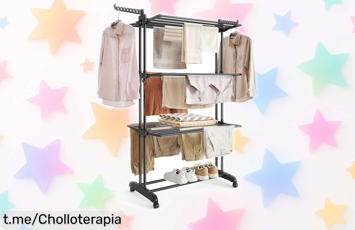 Tendedero plegable SONGMICS de 4 niveles con alas y ruedas, un ofertón inesperado para organizar tu ropa sin esfuerzo y tener espacio de sobra. ¡Aprovecha antes que se agote!