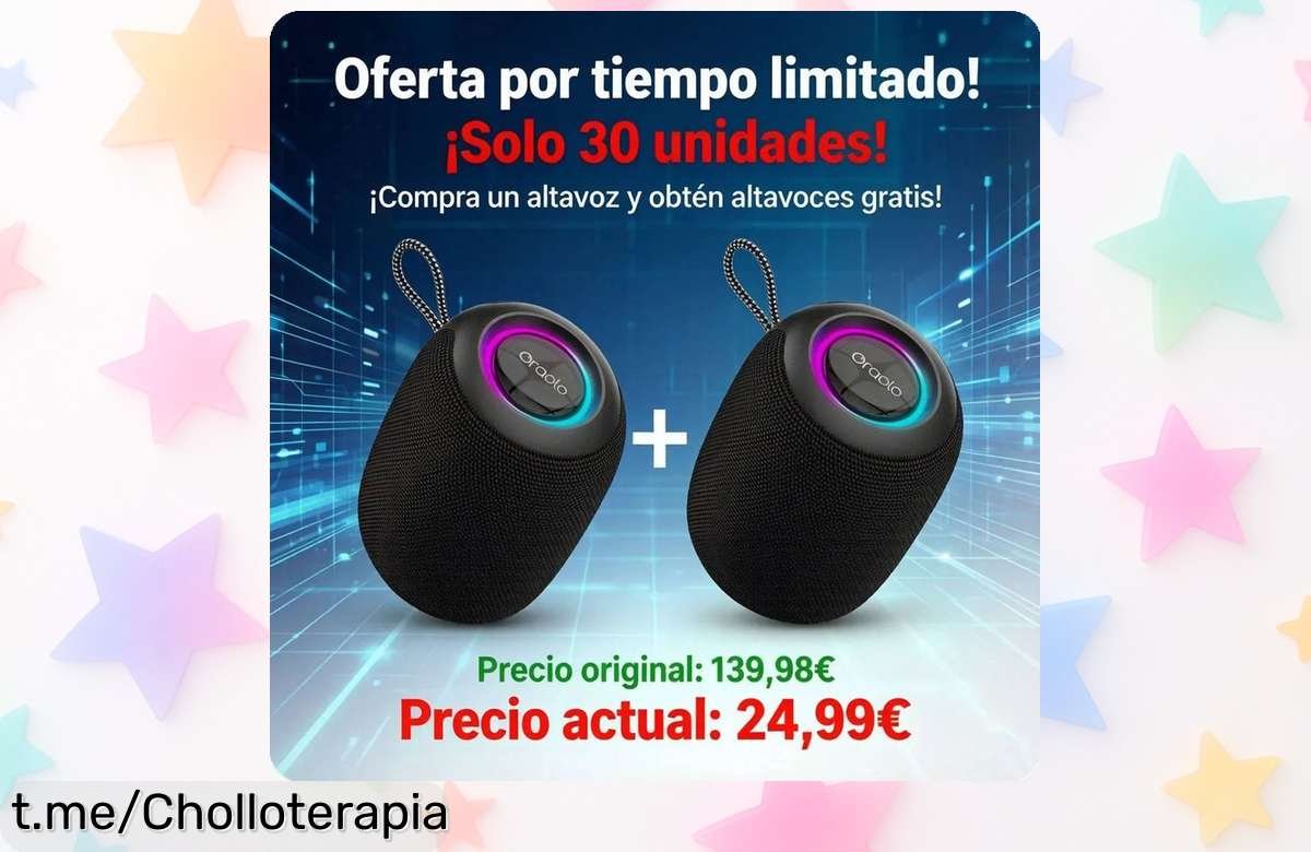Altavoz Bluetooth Oraolo con luces RGB y 30 horas de música, ¡lleva 2 por el precio de 1 y anima tus fiestas sin parar! No dejes escapar esta oferta increíble.