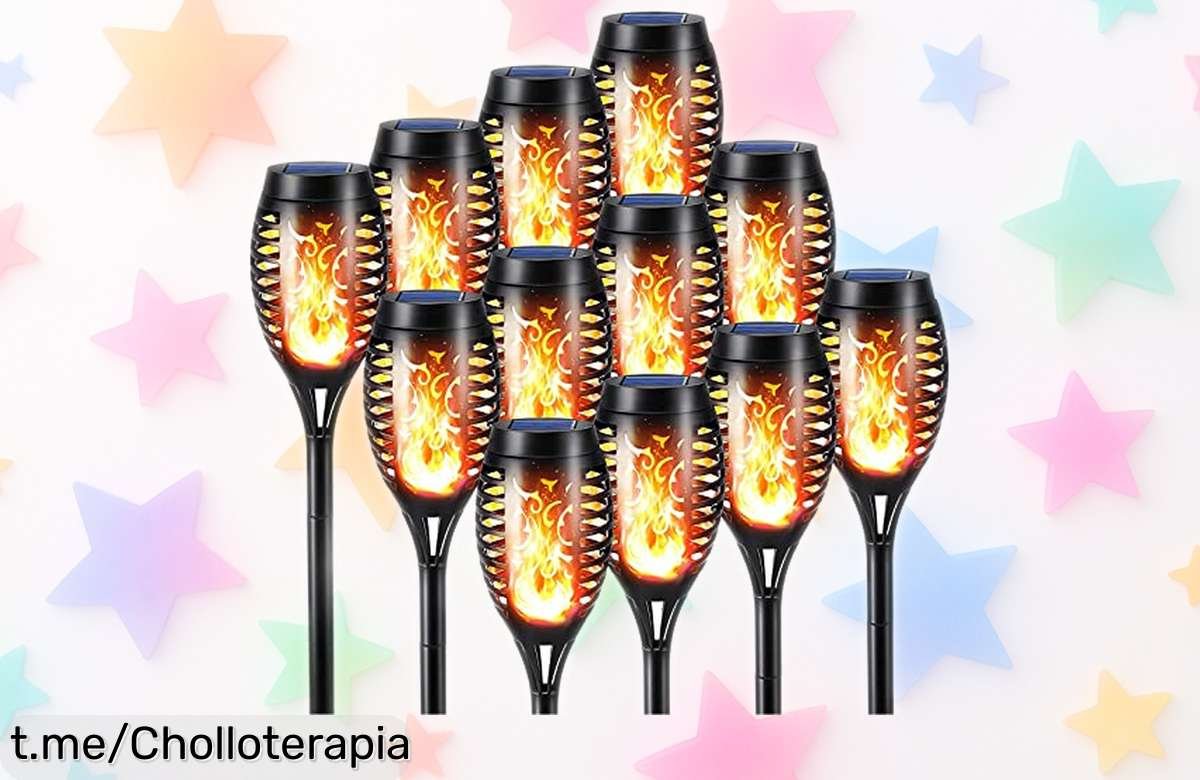 Antorchas solares Geemoo con llama realista: transforma tu jardín al caer la noche, 12 unidades en un super chollo que te hará sonreír cada vez que las veas. ¡No dejes escapar esta oportunidad!