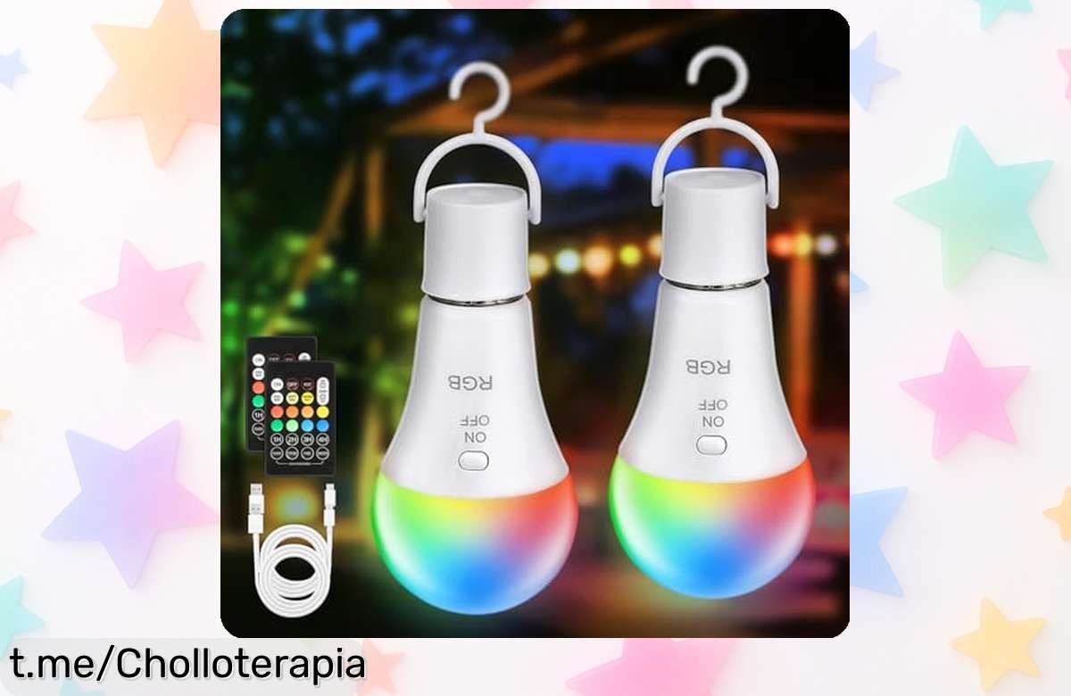 Bombilla LED recargable Kimjo: ¡Pack de 2 con 11 colores y mando a distancia! Precio loco para iluminar tu casa o camping sin complicaciones. ¡Hazte con ellas antes de que se agoten!