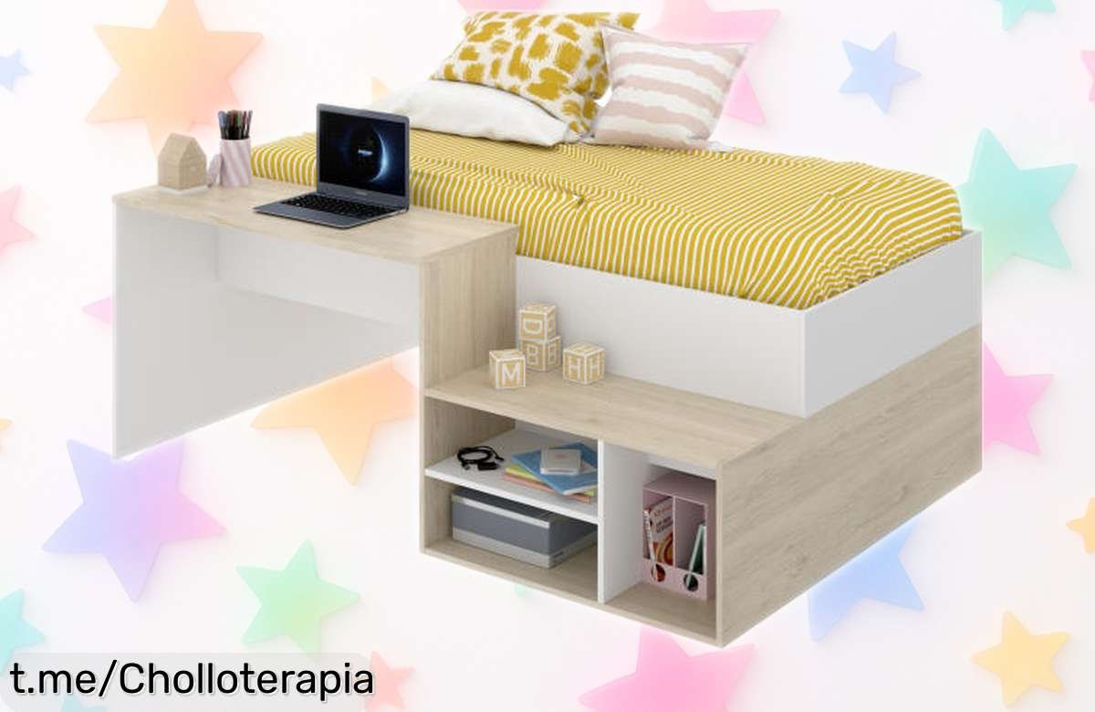 Cama juvenil con escritorio y estantes KRIC Dekit: un diseño moderno a precio regalado, ¡aprovecha esta oferta única antes de que se acabe!