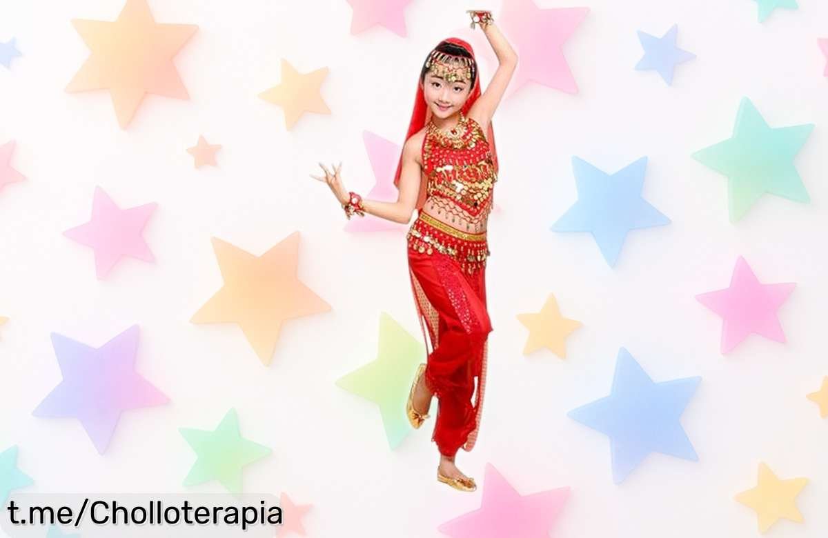 Disfraz de danza del vientre para niña en 2 piezas con lentejuelas y bombachos, ¡aprovecha el cupón y llévatelo a precio de risa antes que se agote!