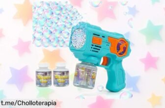 Divertida pistola automática de burbujas MaxBinTon con luces LED y dos botes de líquido, ¡preparada para que tus peques se maravillen a mil por hora! No te lo pierdas.