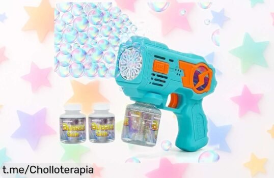 Divertida pistola automática de burbujas MaxBinTon con luces LED y dos botes de líquido, ¡preparada para que tus peques se maravillen a mil por hora! No te lo pierdas.
