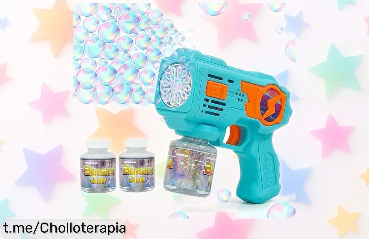 Divertida pistola automática de burbujas MaxBinTon con luces LED y dos botes de líquido, ¡preparada para que tus peques se maravillen a mil por hora! No te lo pierdas.
