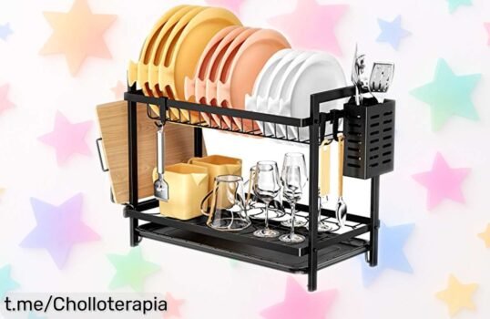 Escurreplatos grande de 2 niveles Fousenuk, el ofertón que hará brillar tu cocina y te regala espacio; ¡aprovecha esta mega rebaja antes de que se acabe!