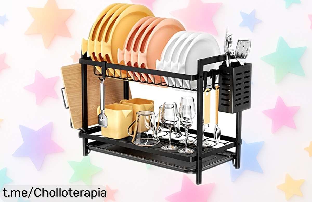 Escurreplatos grande de 2 niveles Fousenuk, el ofertón que hará brillar tu cocina y te regala espacio; ¡aprovecha esta mega rebaja antes de que se acabe!