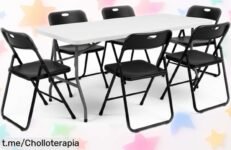 Impresionante mesa plegable de 180 cm con 6 sillas negras, super chollo para tus eventos especiales. ¡Aprovecha este ofertón y sorprende a todos ahora mismo!