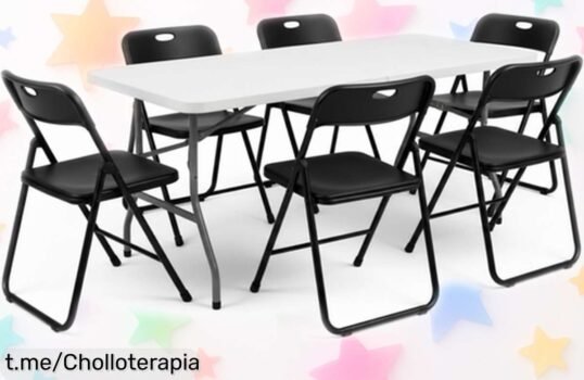 Impresionante mesa plegable de 180 cm con 6 sillas negras, super chollo para tus eventos especiales. ¡Aprovecha este ofertón y sorprende a todos ahora mismo!