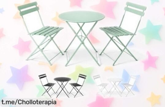 Impresionante set bistró Arles metálico con mesa y 2 sillas plegables, a un precio loco que hará de tu terraza el lugar más encantador del barrio. ¡No dejes pasar esta oportunidad!