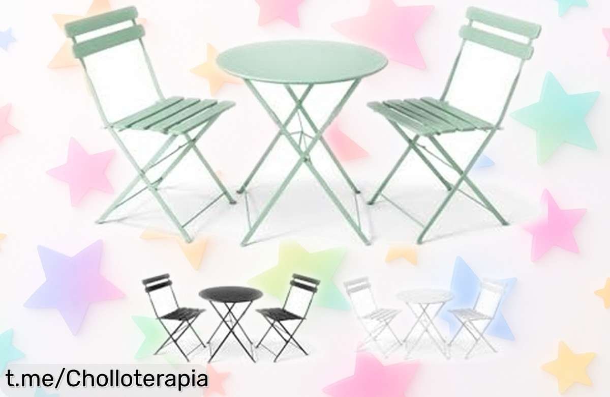 Impresionante set bistró Arles metálico con mesa y 2 sillas plegables, a un precio loco que hará de tu terraza el lugar más encantador del barrio. ¡No dejes pasar esta oportunidad!