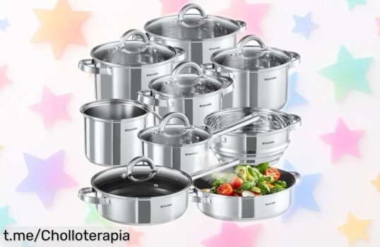 Increíble juego de ollas y sartenes tectake® 15 piezas en acero inoxidable a un precio que no se cree; cocina fácil y limpieza rápida, ¡no te lo pierdas!