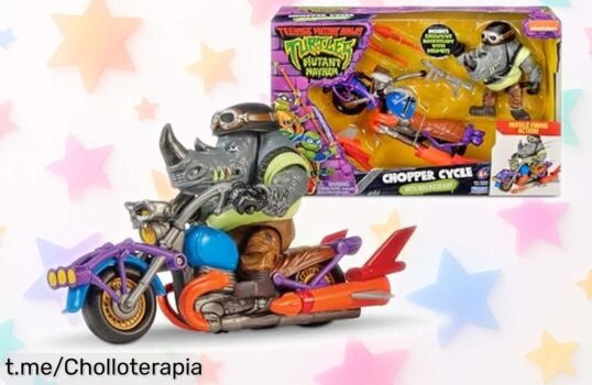 Increíble moto Rockstedy chopper de las Tortugas Ninja con figura y misiles recargables, ¡un pack que derrocha diversión a un precio locura! Aprovecha antes de que se agote.