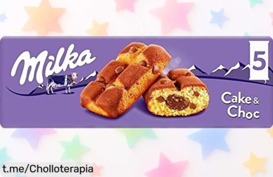 Irresistible bizcocho Milka Cake & Choc con pepitas y un cremoso relleno de chocolate que se derrite en la boca, ¡ahora a precio loco! No te lo pierdas, tu antojo espera.