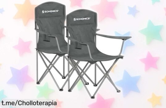 Juego de 2 sillas plegables SONGMICS con respaldo alto y soporte para bebidas, un ofertón súper ligero que hará tus días de camping o en el jardín inolvidables. ¡No lo dejes pasar!