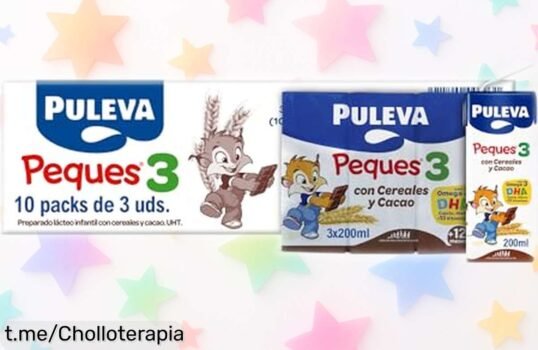 Leche de crecimiento Puleva Peques 3 Cereales y Cacao para que tu peque crezca fuerte, ¡compra ahora el pack de 10 a un precio regalado!