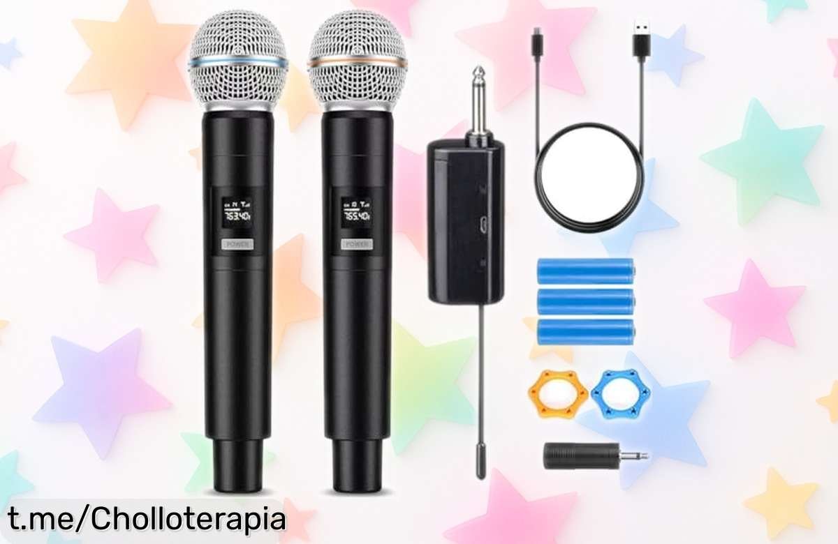 Micrófonos inalámbricos HUACAM dobles con sonido potente y fácil de usar, ahora a un precio que está regalado para que tu fiesta sea inolvidable. ¡No te lo pierdas!