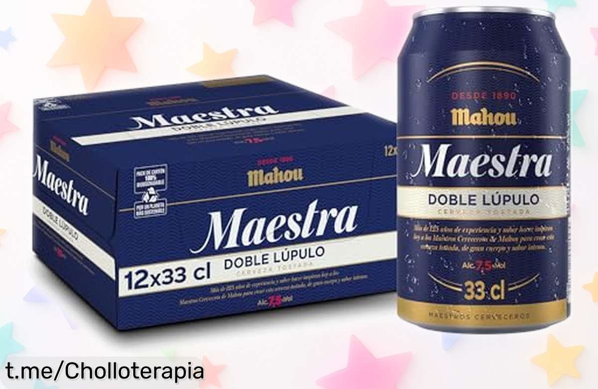 Pack de 12 latas Mahou Maestra Doble Lúpulo, sabor intenso y cremosa que vuelve locos; aprovecha este precio loco y sorprende a tus amigos ya mismo.