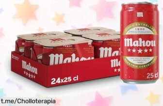 Pack de 24 latas de Mahou 5 Estrellas a precio loco, la cerveza dorada ideal para tus planes. No te pierdas esta oferta y disfruta con cada sorbo esos momentos especiales.