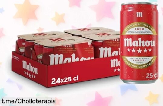 Pack de 24 latas de Mahou 5 Estrellas a precio loco, la cerveza dorada ideal para tus planes. No te pierdas esta oferta y disfruta con cada sorbo esos momentos especiales.