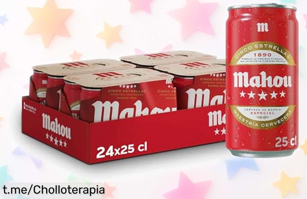 Pack de 24 latas de Mahou 5 Estrellas a precio loco, la cerveza dorada ideal para tus planes. No te pierdas esta oferta y disfruta con cada sorbo esos momentos especiales.