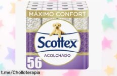 Pack de 56 rollos de papel higiénico Scottex acolchado, precio reducido en un chollo que no puedes dejar escapar, cuida lo importante con calidad y siempre a mano.