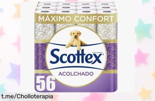 Pack de 56 rollos de papel higiénico Scottex acolchado, precio reducido en un chollo que no puedes dejar escapar, cuida lo importante con calidad y siempre a mano.
