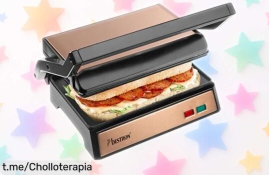 Parrilla eléctrica de contacto Bestron con apertura 180° para sándwiches perfectos, ¡un ofertón que hará tus meriendas irresistibles! No te lo pierdas.